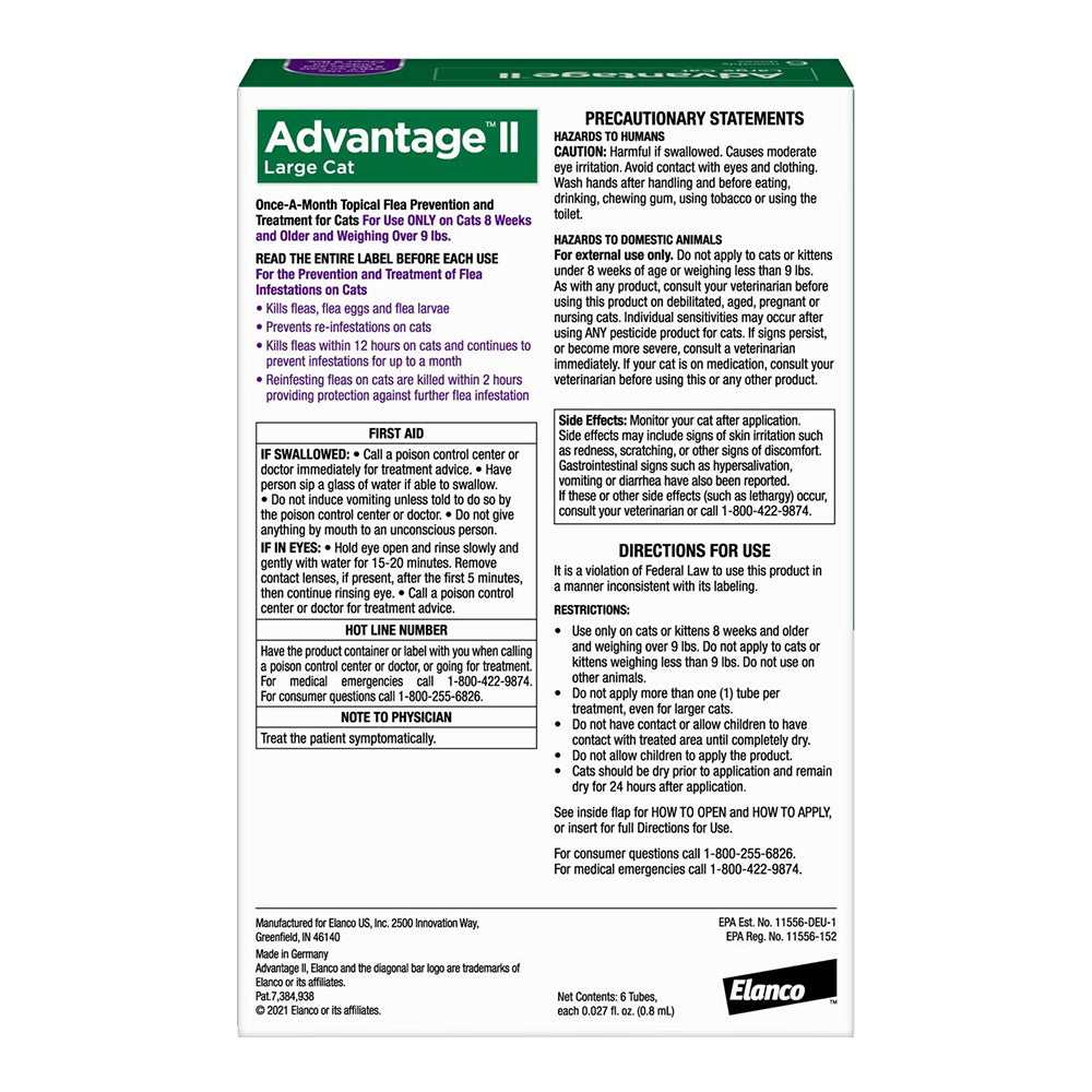 Back of Elanco Advantage II 6-Month Supply Topical Flea Treatment & Prevention for Large Cats Over 9 lbs