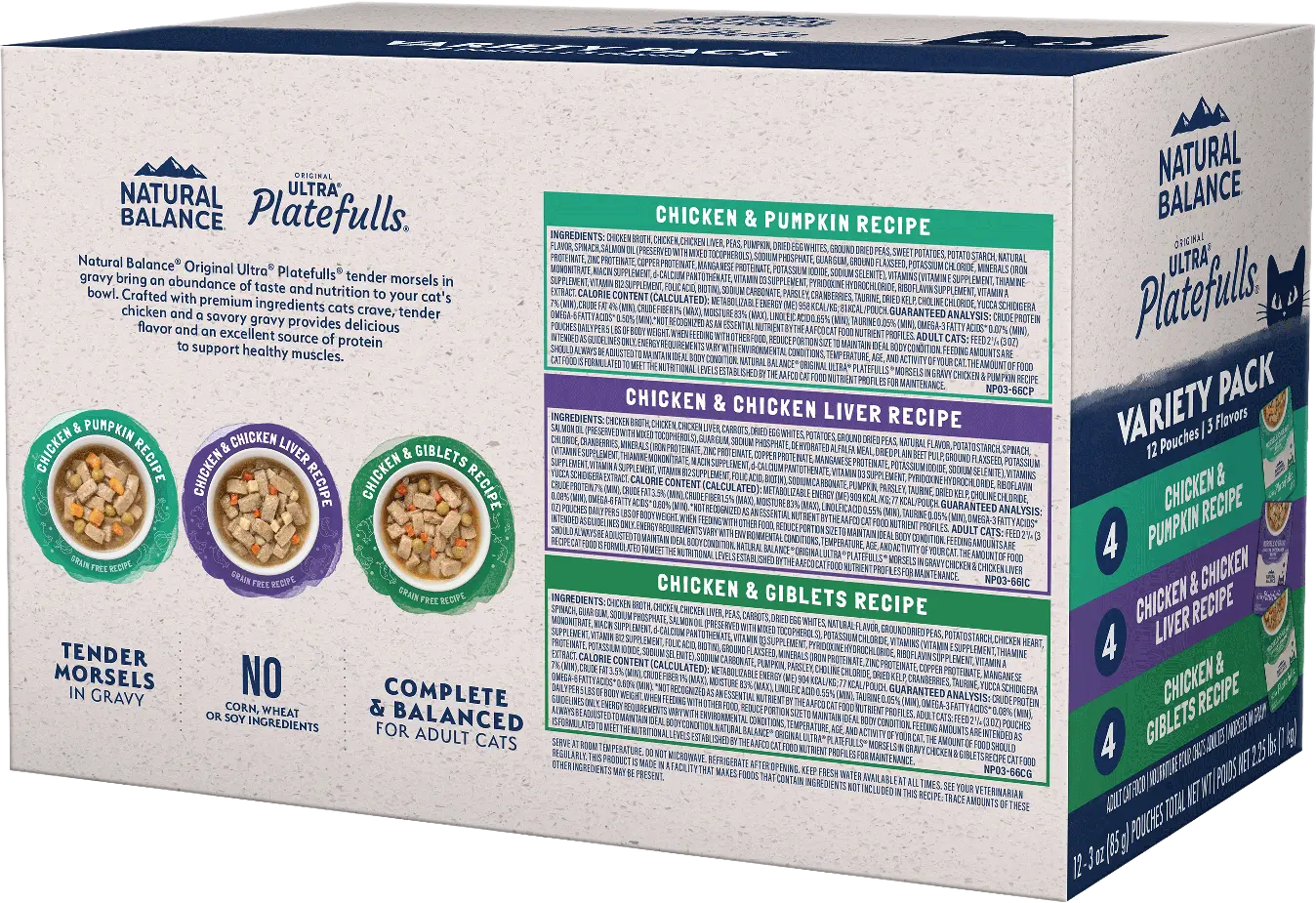 Back of Natural Balance Ultra Platefulls Chicken Morsels in Gravy Adult Wet Cat Food Variety Pack 3-oz Pouches 12 Count