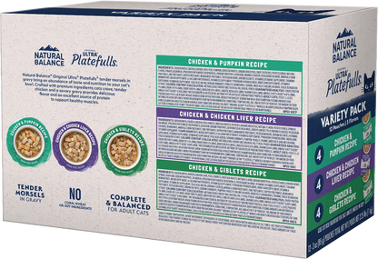Back of Natural Balance Ultra Platefulls Chicken Morsels in Gravy Adult Wet Cat Food Variety Pack 3-oz Pouches 12 Count