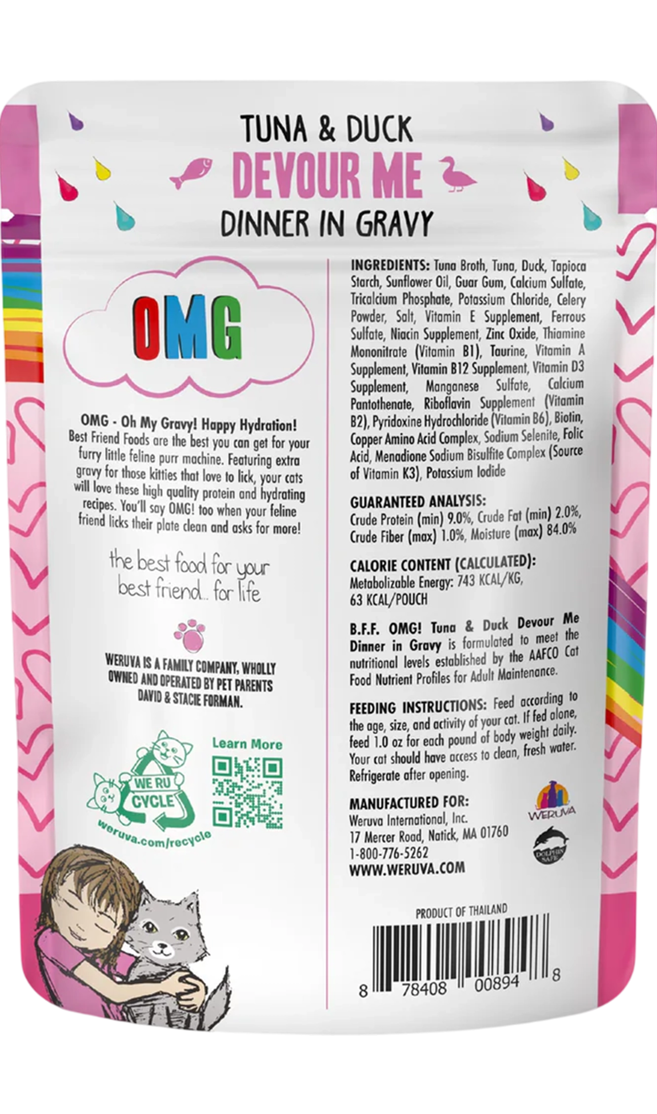 Back of Weruva B.F.F. OMG Tuna & Duck Devour Me Dinner in Gravy Wet Cat Food Pouches 3-oz 
