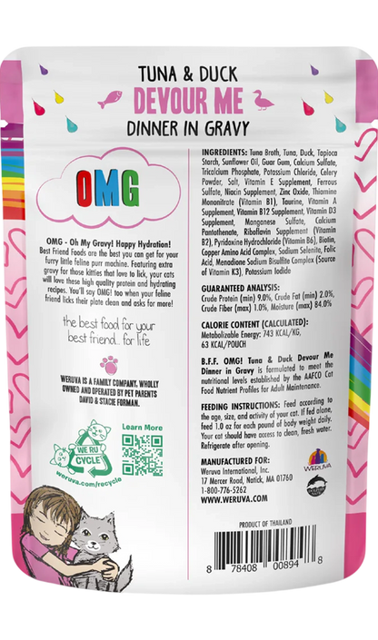 Back of Weruva B.F.F. OMG Tuna & Duck Devour Me Dinner in Gravy Wet Cat Food Pouches 3-oz 