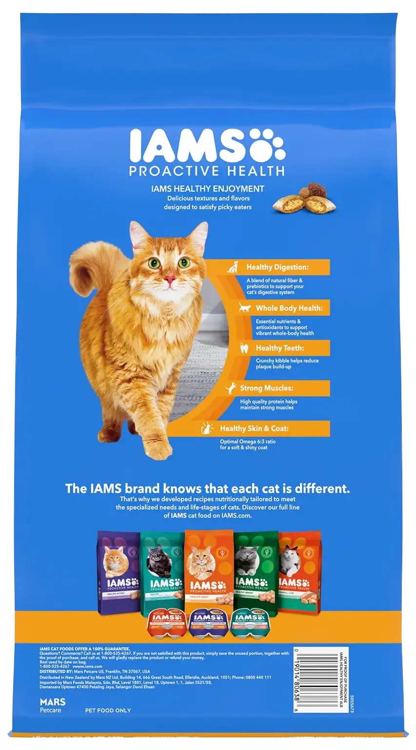 Back of IAMS ProActive Health Healthy Enjoyment Adult Dry Cat Food Chicken & Salmon 6-lb