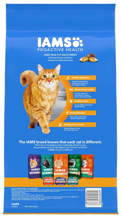 Back of IAMS ProActive Health Healthy Enjoyment Adult Dry Cat Food Chicken & Salmon 6-lb