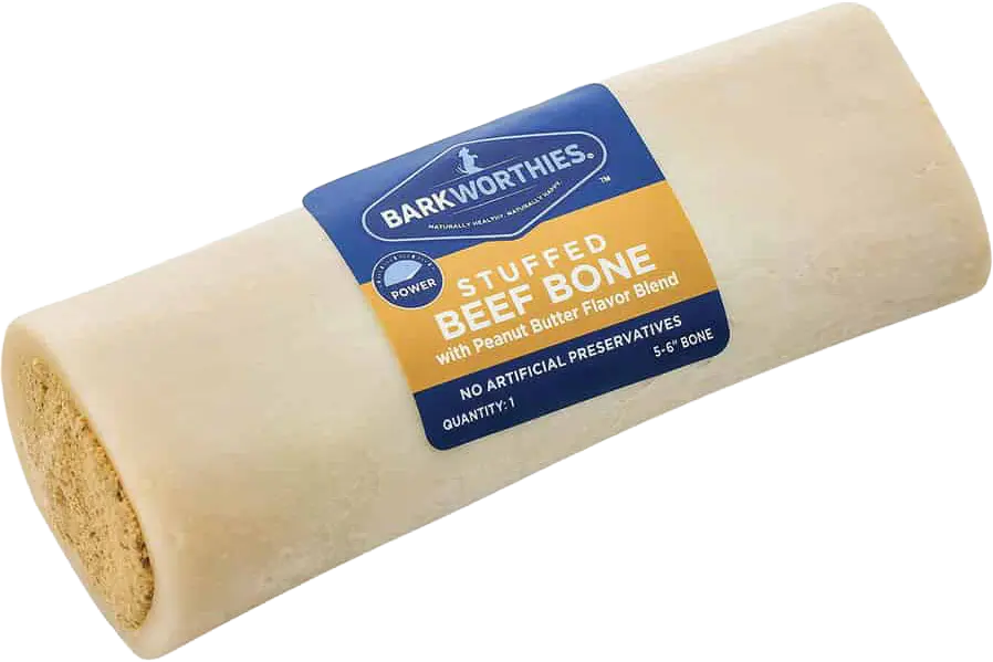 Front of Barkworthies 5-6" Stuffed Beef Bone Peanut Butter Flavor Dog Chew 12-oz