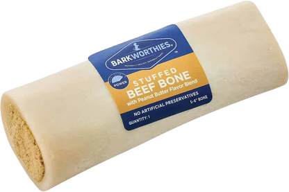 Front of Barkworthies 5-6" Stuffed Beef Bone Peanut Butter Flavor Dog Chew 12-oz
