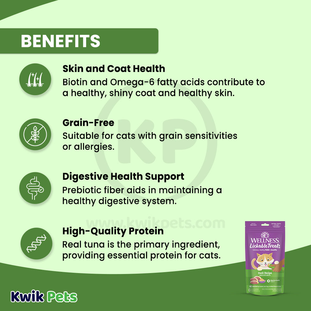 Benefits of Wellness Puree Natural Grain-Free Lickable Cat Treats Duck 6 Count 2.53-oz