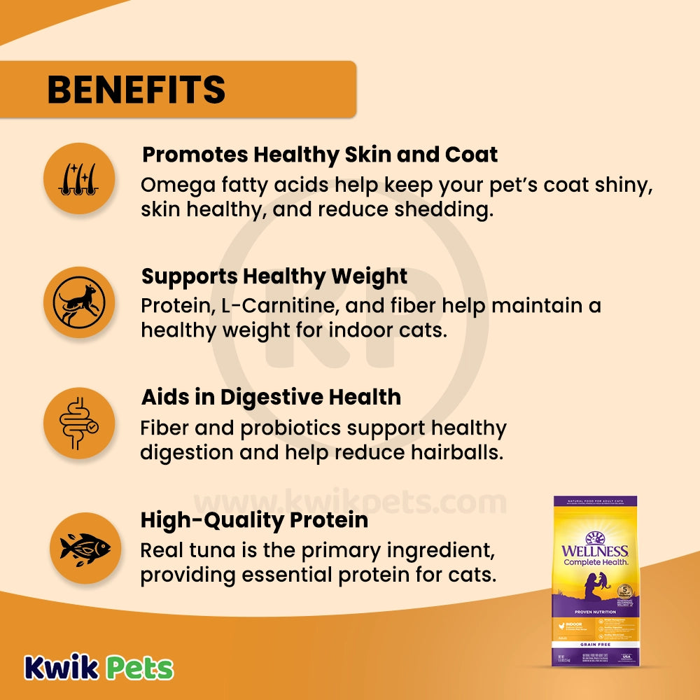 Benefits of Wellness Complete Health Grain-Free Indoor Adult Dry Cat Food Deboned Chicken & Chicken Meal Recipe 5.5-lb