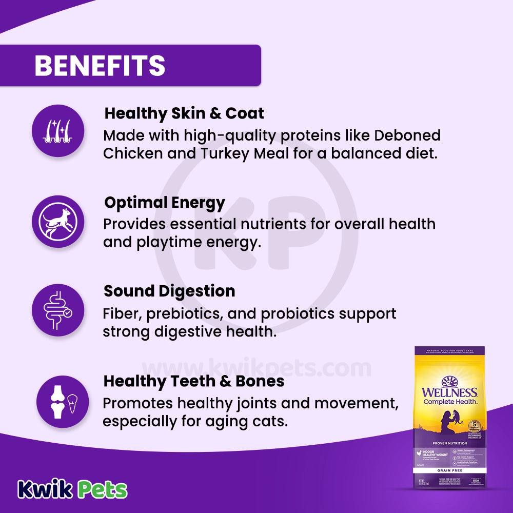 Benefits of Wellness Complete Health Grain-Free Indoor Healthy Weight Adult Dry Cat Food Deboned Chicken & Turkey Meal Recipe 5.5-lb