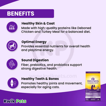 Benefits of Wellness Complete Health Grain-Free Indoor Healthy Weight Adult Dry Cat Food Deboned Chicken & Turkey Meal Recipe 5.5-lb