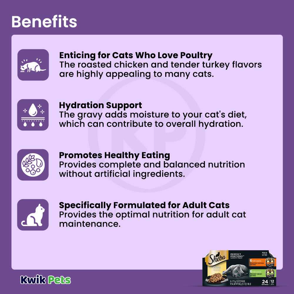 Benefits of Sheba Perfect Portions Cuts in Gravy Wet Cat Food Roasted Chicken & Tender Turkey 12 Twin Variety Pack 24 Count 1.98-lb