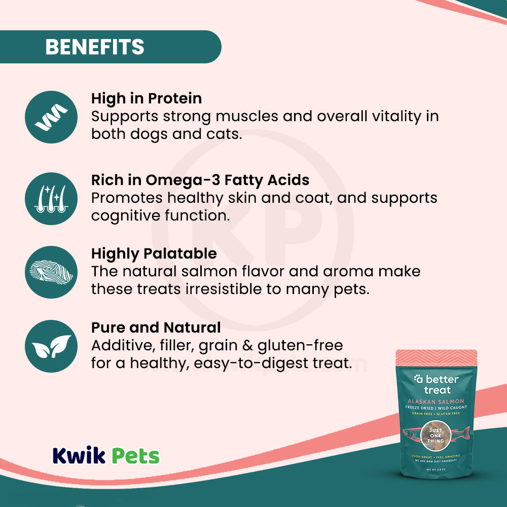 Benefits of A Better Treat Just One Thing Freeze Dried Dog & Cat Treats Wild Caught Salmon 3-oz
