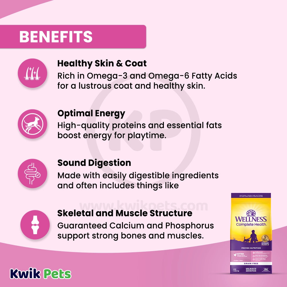 Benefits of Wellness Complete Health Grain-Free Kitten Dry Cat Food Deboned Chicken & Chicken Meal Recipe 5.5-lb