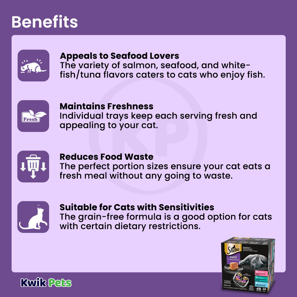 Benefits of Sheba Perfect Portions Pate Wet Cat Food Salmon, Seafood & Whitefish/Tuna 24 Twin Variety Pack 48 Count 3.96-lb