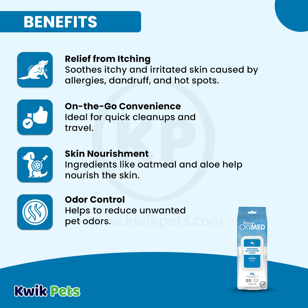 Benefits of TropiClean OxyMed Soothing All-Purpose Wipes for Dogs & Cats 50 Count