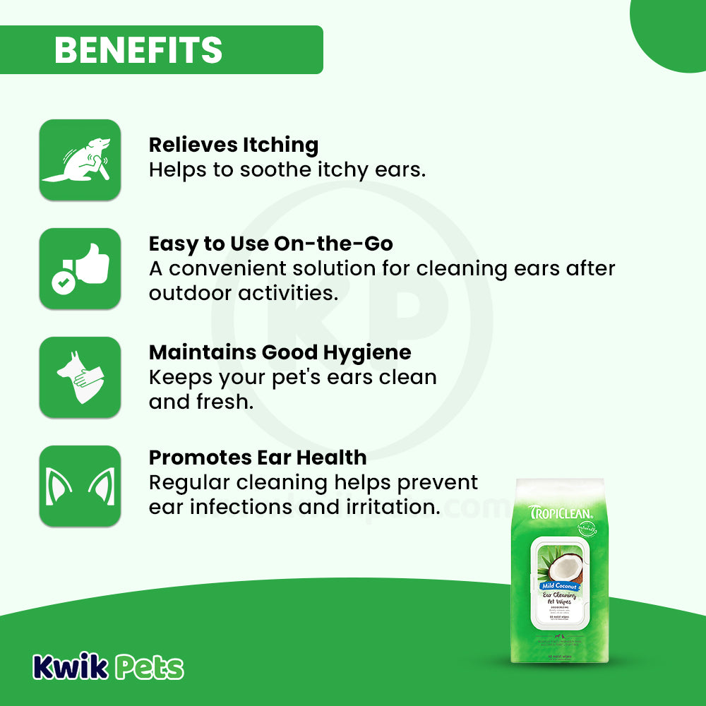 Benefits of TropiClean Mild Coconut Deodorizing Ear Cleaning Wipes for Dogs & Cats 50 Count