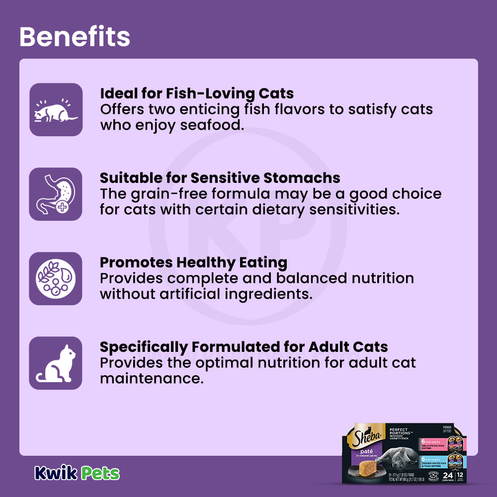 Benefits of Sheba Perfect Portions Pate Wet Cat Food Delicate Salmon & Tender Whitefish/Tuna 12 Twin Variety Pack 24 Count 1.98-lb