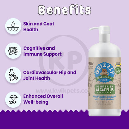 Benefits of Grizzly Algal Oil Plus Food Supplement for Dogs & Cats 32-oz