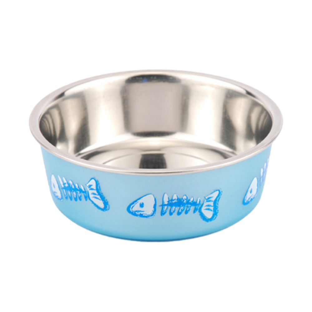 Back of Loving Pets Bella Designer Fish Skeleton Cat Bowl Metallic Ocean Blue X-Small