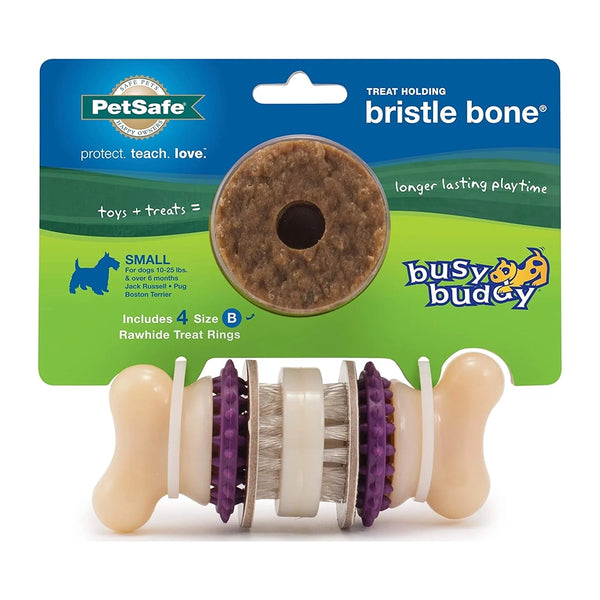 Busy Buddy Bristle Bone Treat-Dispensing Dog Chew Toy with Refillable Rawhide Treats Multicolor Small