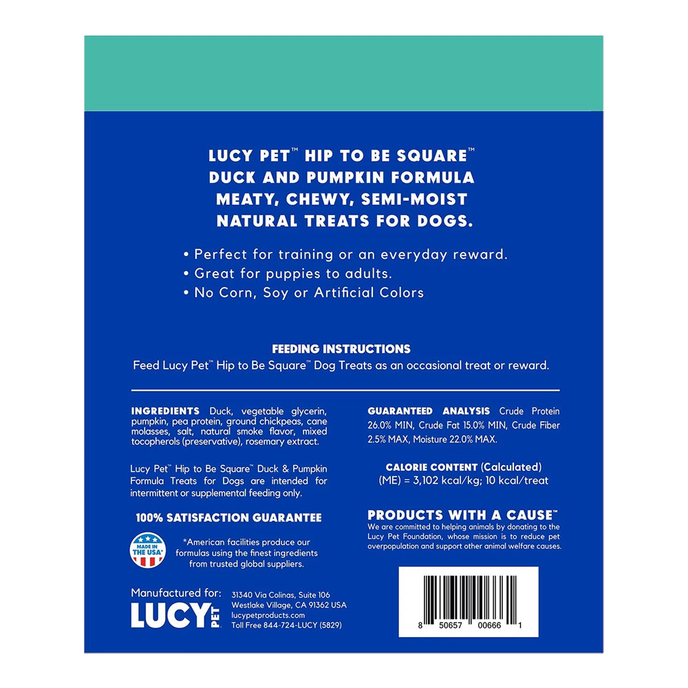 Back of Lucy Pet Products Hip to Be Square Limited Ingredient Dog Treats Duck & Pumpkin 6-oz