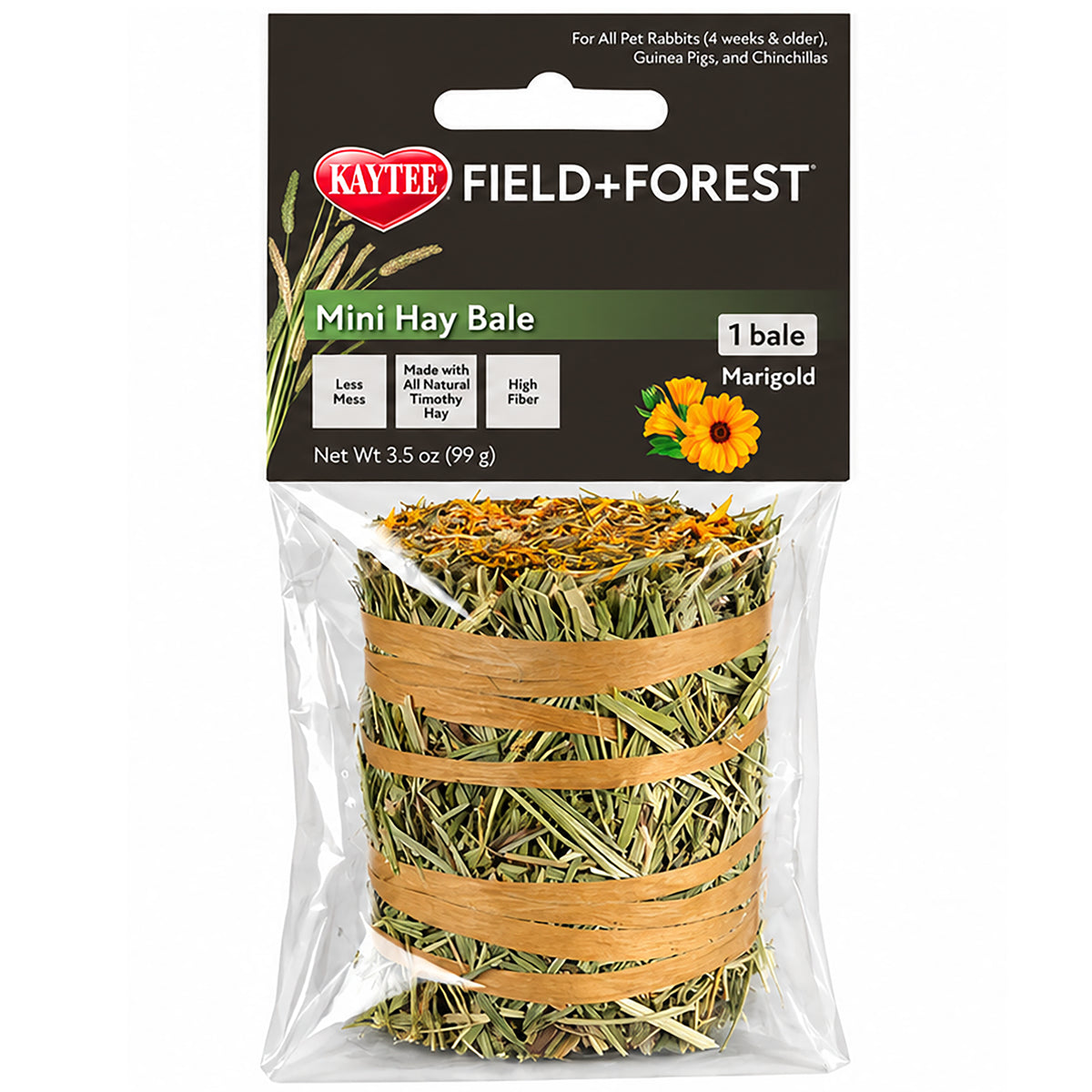 Front of Kaytee Field+Forest Mini Hay Bale Marigold for Rabbits Guinea Pigs & Chinchillas 3.5-oz