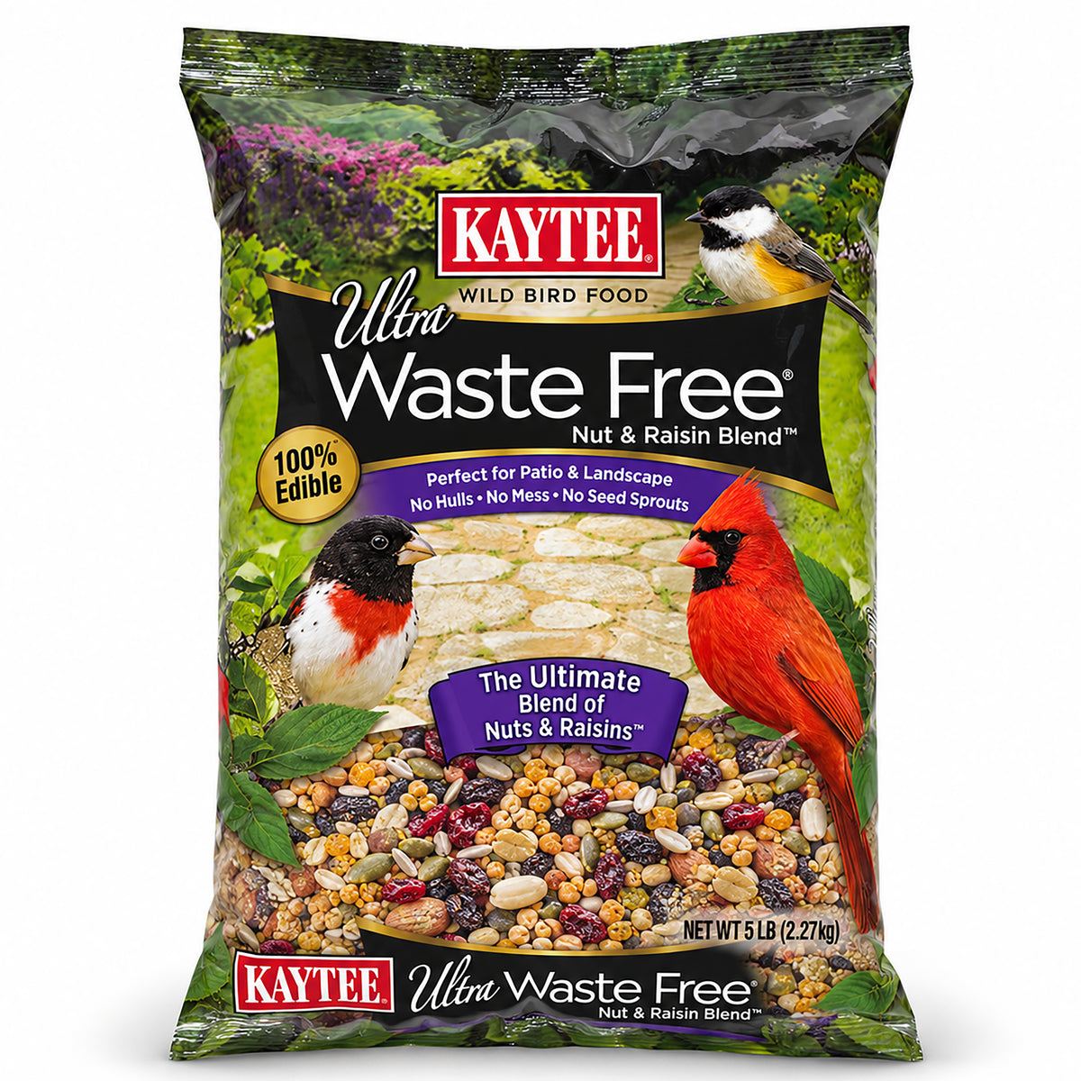 Front of Kaytee Ultra Waste Free Nut & Raisin Blend Wild Bird Food 5-lb