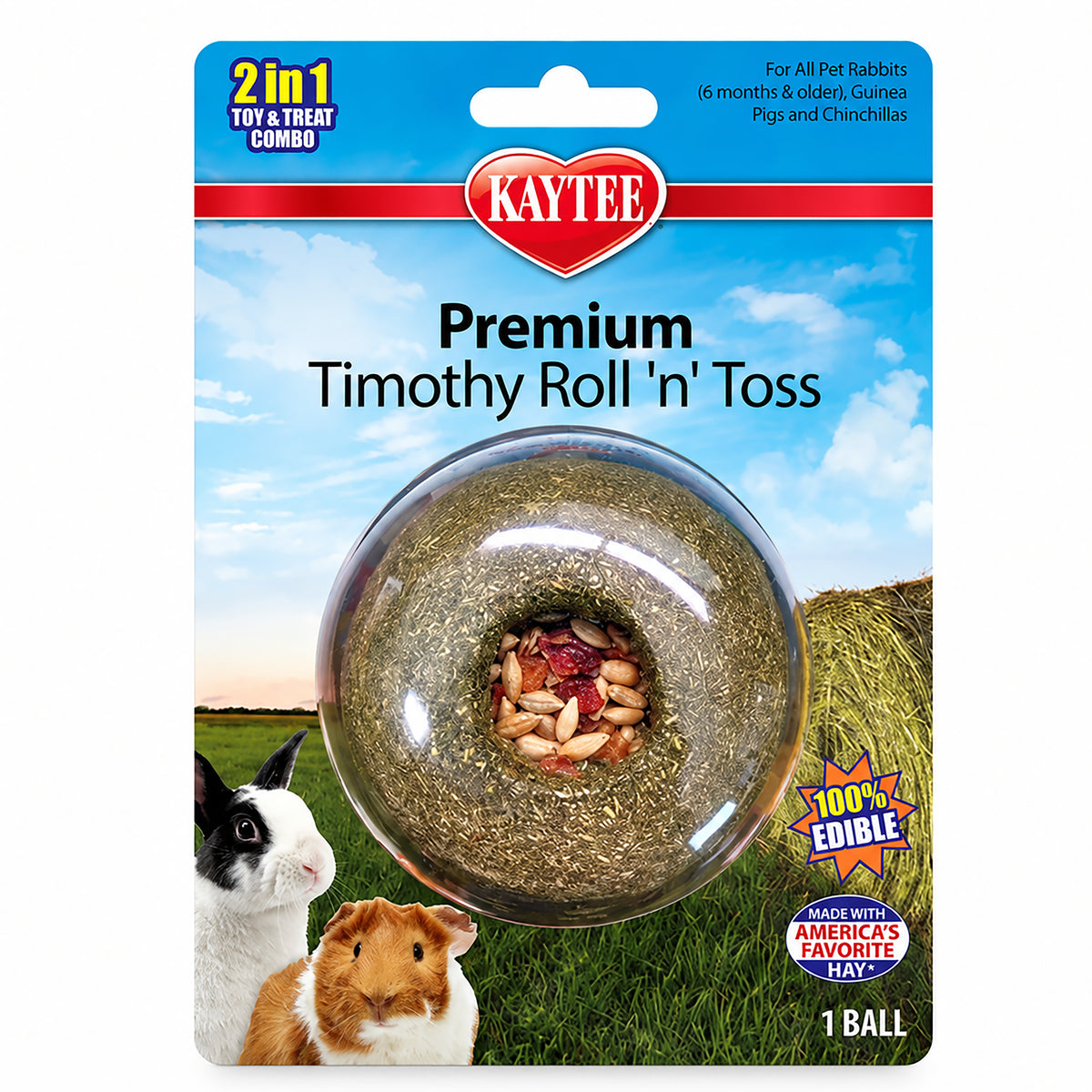 Front of Kaytee Premium Timothy Roll'n'Toss Small Animal Treats