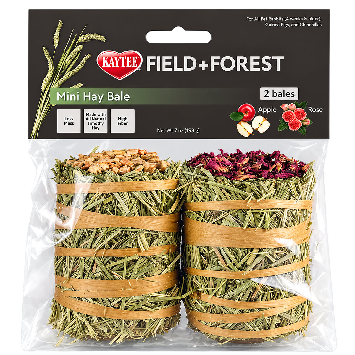 Front of Kaytee Field+Forest Mini Hay Bales Apple & Rose for Rabbits Guinea Pigs & Chinchillas 2 Count 7-oz