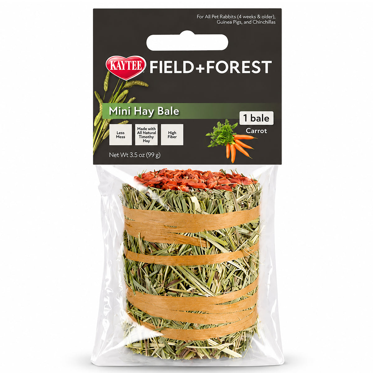 Front of Kaytee Field+Forest Mini Hay Bale Carrot for Rabbits Guinea Pigs & Chinchillas 3.5-oz