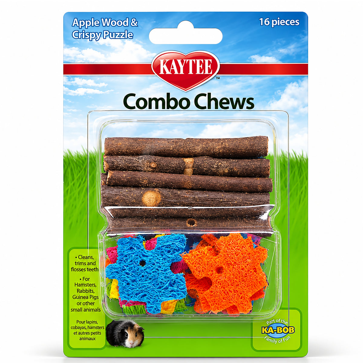 Front of Kaytee Apple Wood & Crispy Puzzle Combo Chews for Small Animals 16 Count