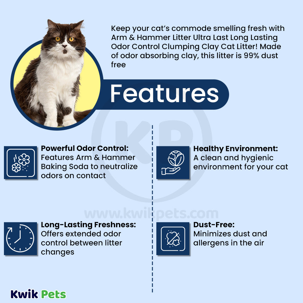 Features & Benefits of Arm & Hammer Ultra Last Scoopable Clumping Cat Litter 20-lb