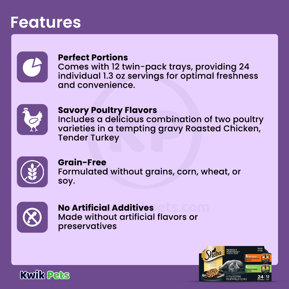 Features of Sheba Perfect Portions Cuts in Gravy Wet Cat Food Roasted Chicken & Tender Turkey 12 Twin Variety Pack 24 Count 1.98-lb