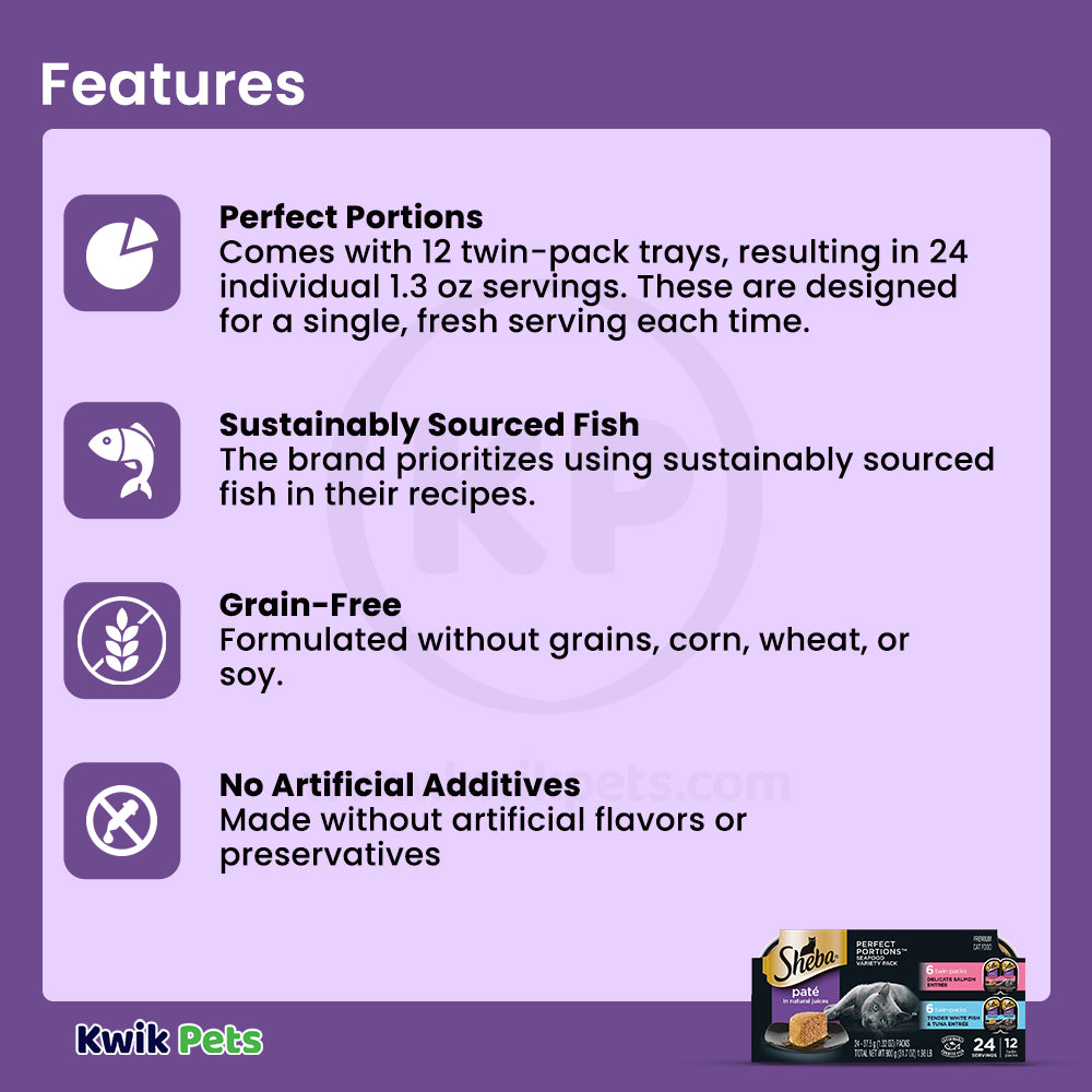 Features of Sheba Perfect Portions Pate Wet Cat Food Delicate Salmon & Tender Whitefish/Tuna 12 Twin Variety Pack 24 Count 1.98-lb