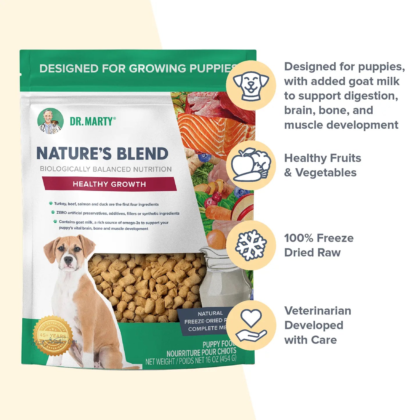 Features of Dr. Marty Nature's Blend Healthy Growth Freeze-Dried Raw Puppy Dog Food 16-oz