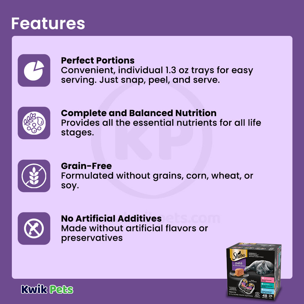 Features of Sheba Perfect Portions Pate Wet Cat Food Salmon, Seafood & Whitefish/Tuna 24 Twin Variety Pack 48 Count 3.96-lb
