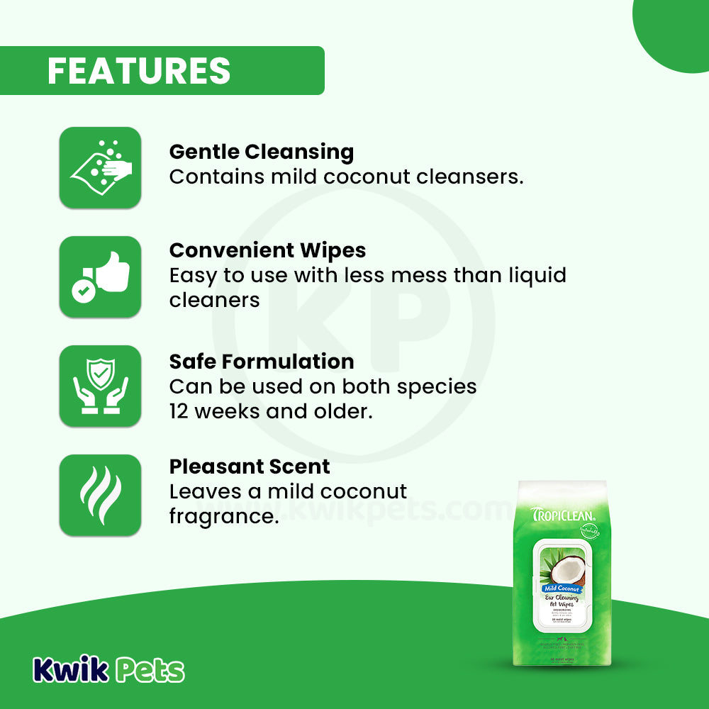 Features of TropiClean Mild Coconut Deodorizing Ear Cleaning Wipes for Dogs & Cats 50 Count