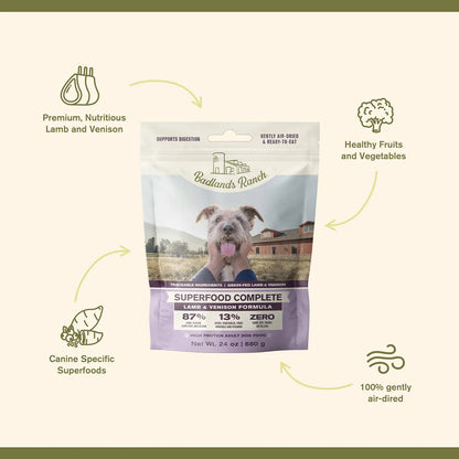 Features of Badlands Ranch Superfood Complete Air-Dried Dog Food Lamb & Venison 24-oz