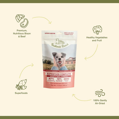 Features of Badlands Ranch Superfood Complete Air-Dried Dog Food Bison & Beef 11.5-oz