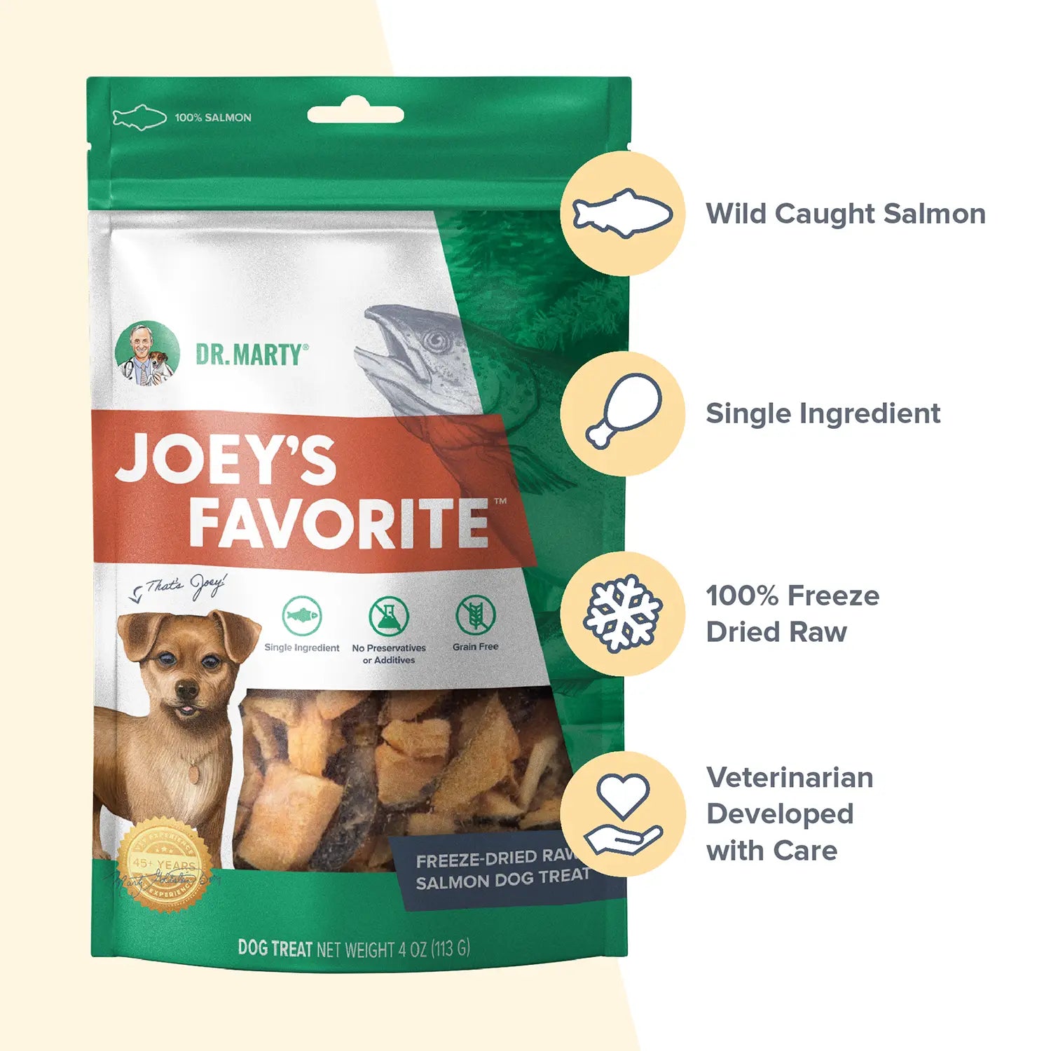 Features of Dr. Marty Joey's Favorite Freeze-Dried Dog Treats Salmon 4-oz