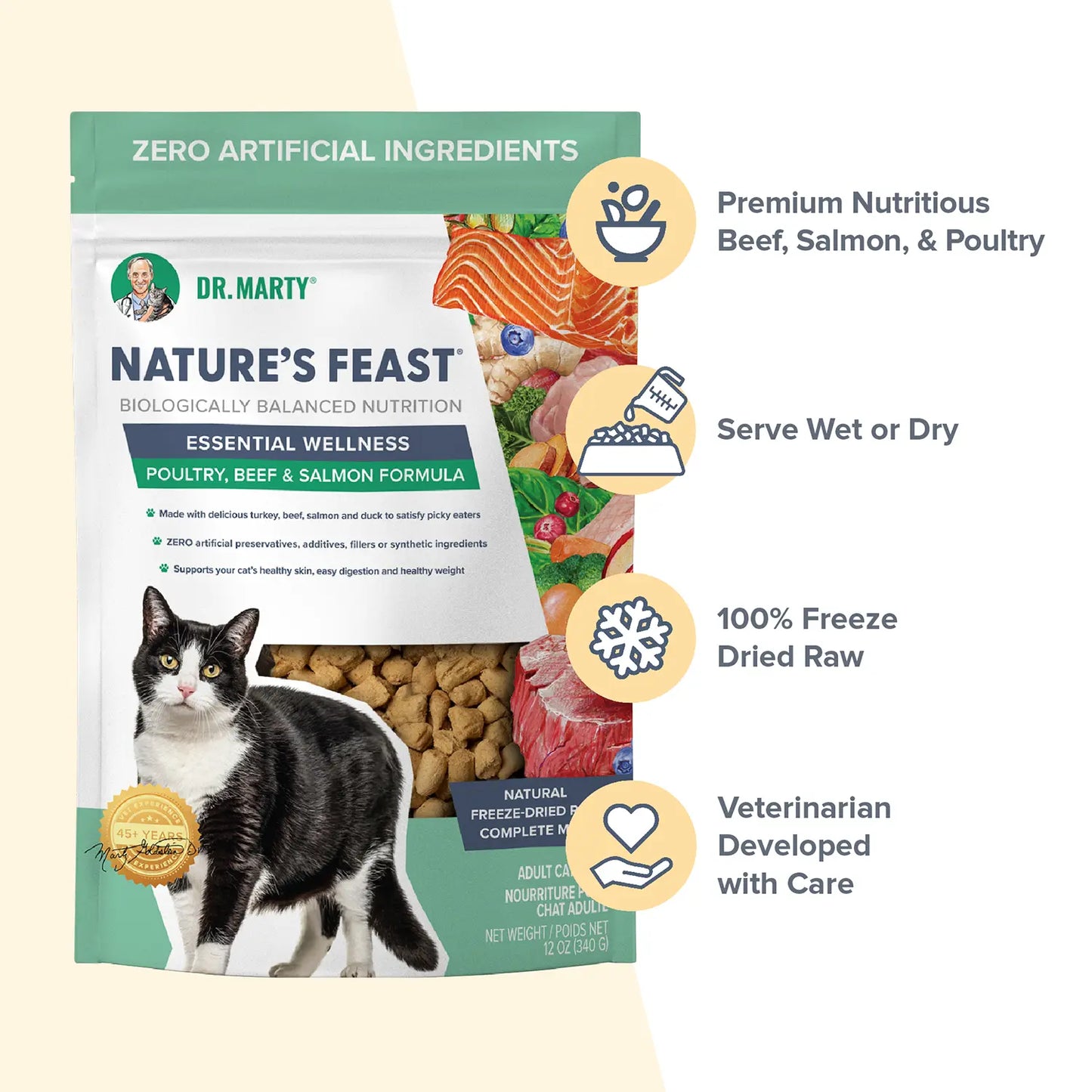 Features of Dr. Marty Nature's Feast Essential Wellness Premium Freeze-Dried Raw Adult Cat Food Poultry, Beef, & Salmon 12-oz
