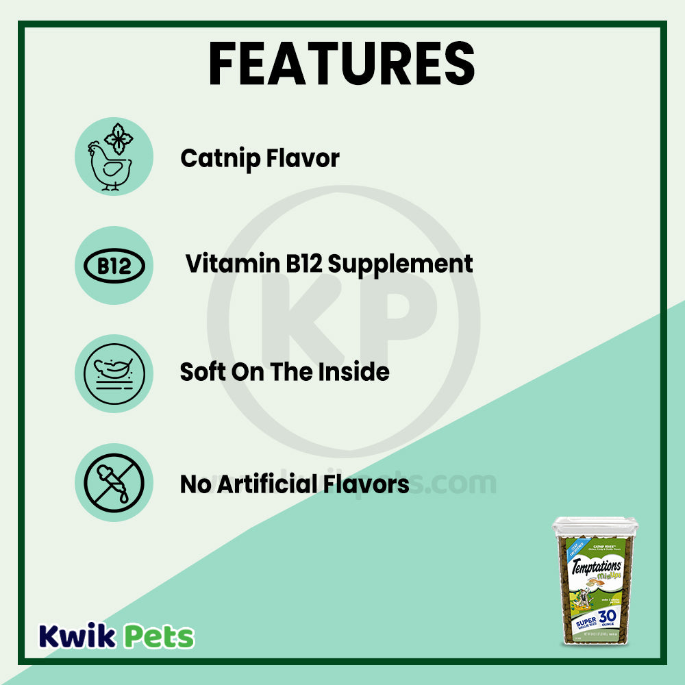 Features of Temptations MixUps Crunchy & Soft Adult Cat Treats Catnip Fever 30-oz