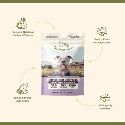Features of Badlands Ranch Superfood Complete Air-Dried Dog Food Lamb & Venison 64-oz