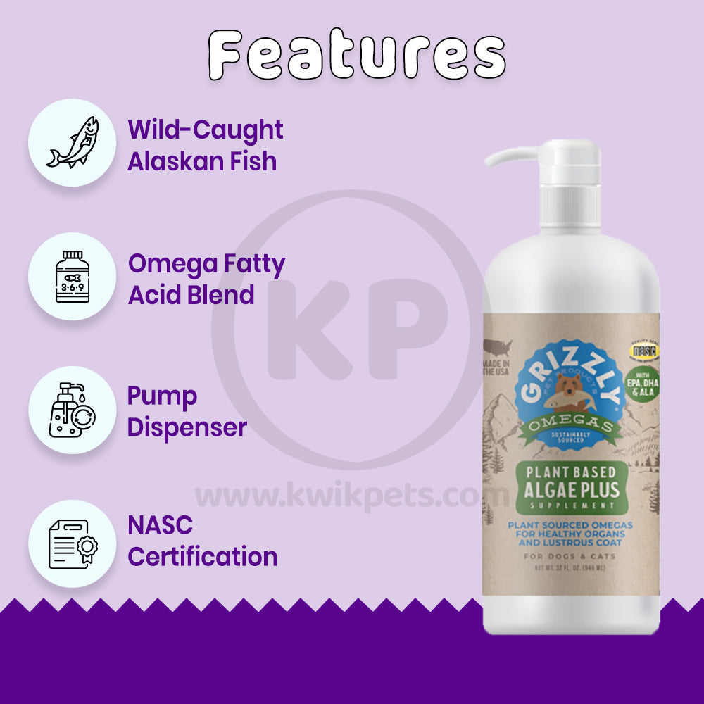 Features of Grizzly Algal Oil Plus Food Supplement for Dogs & Cats 32-oz