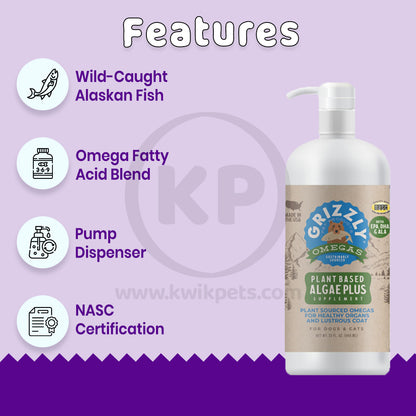 Features of Grizzly Algal Oil Plus Food Supplement for Dogs & Cats 32-oz