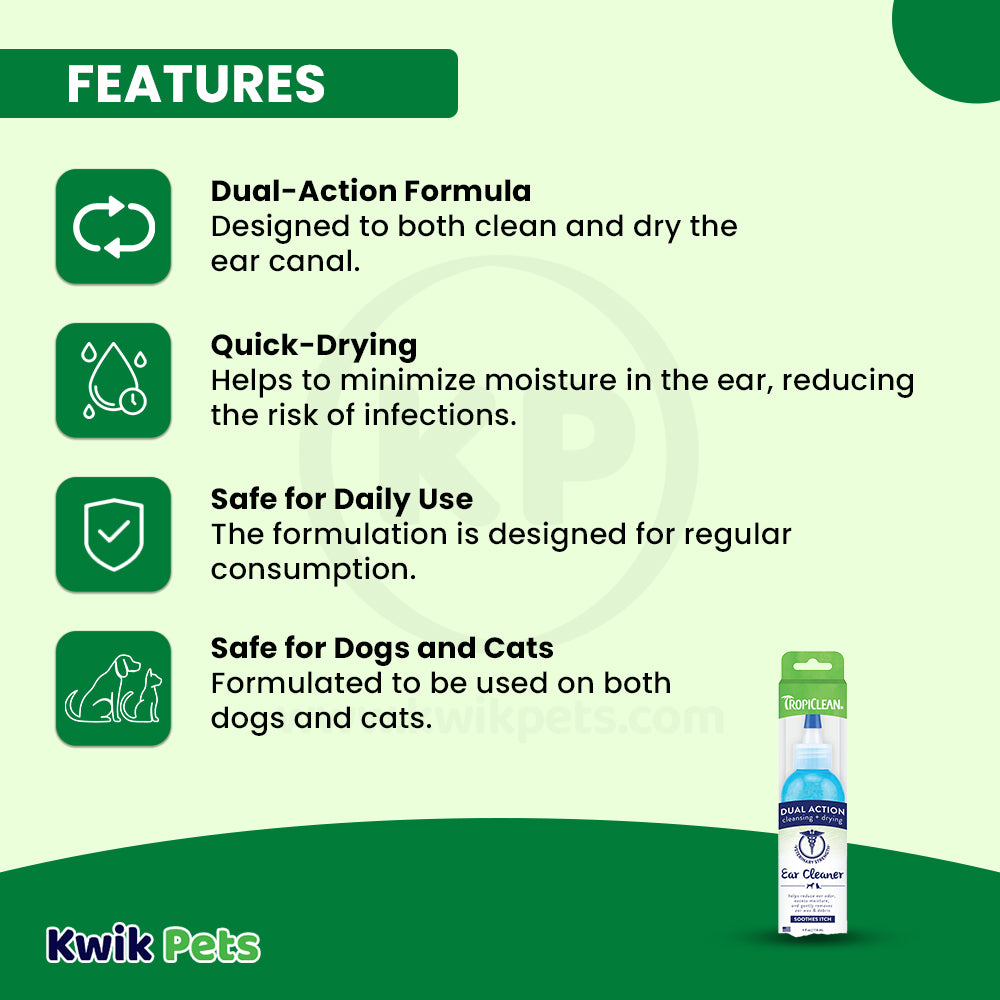 Features of TropiClean Dual Action Ear Cleaner for Dogs & Cats 4-oz