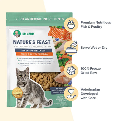 Features of Dr. Marty Nature's Feast Essential Wellness Premium Freeze-Dried Raw Adult Cat Food Fish & Poultry 12-oz