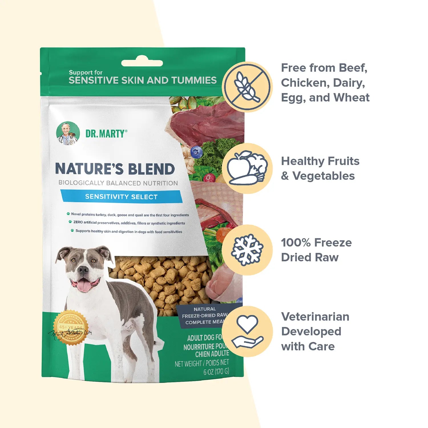 Features of Dr. Marty Nature's Blend Sensitivity Select Freeze-Dried Raw Adult Dog Food 6-oz
