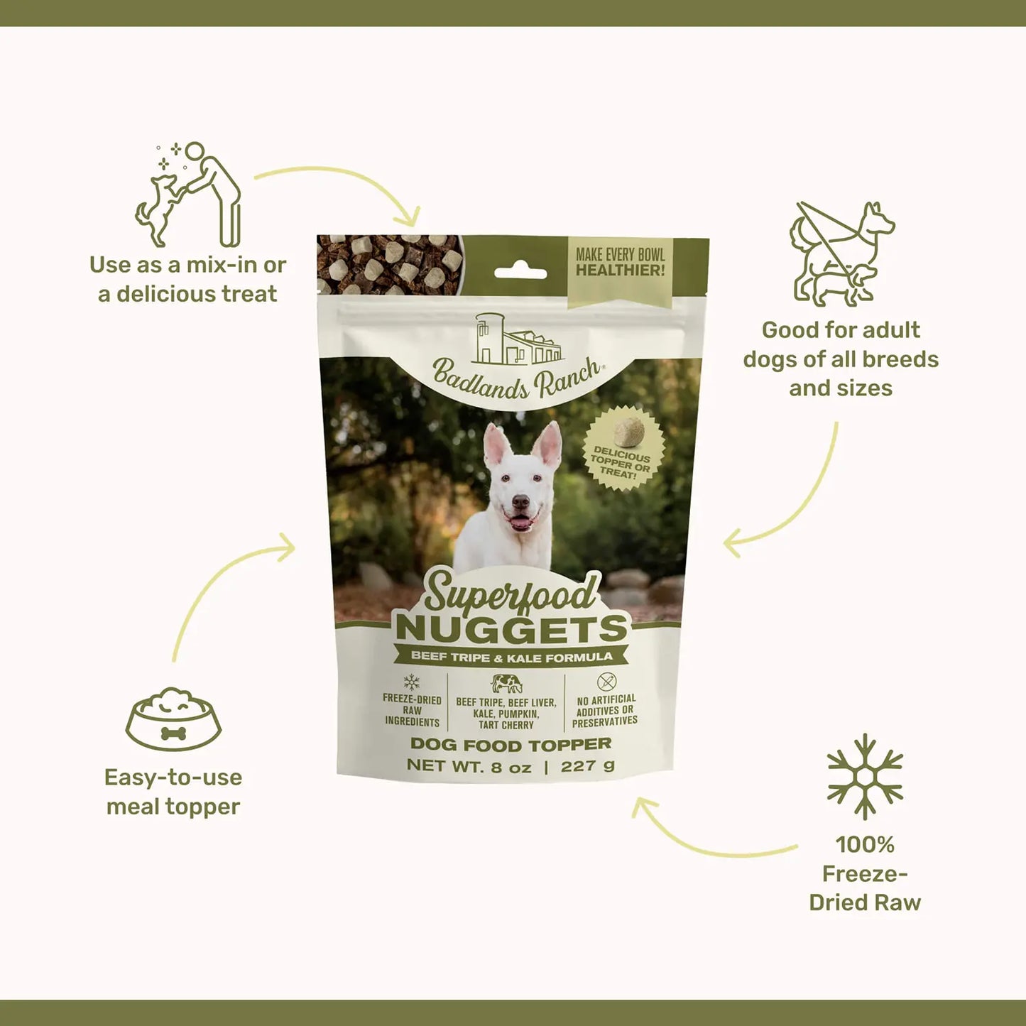 Features of Badlands Ranch Superfood Nuggets Freeze-Dried Raw Dog Treats Beef Tripe & Kale 8-oz