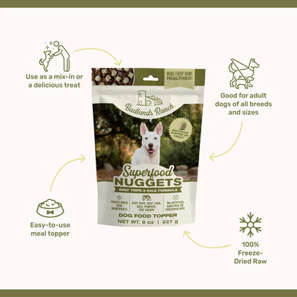 Features of Badlands Ranch Superfood Nuggets Freeze-Dried Raw Dog Treats Beef Tripe & Kale 8-oz