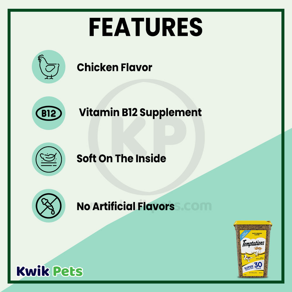 Features of Temptations Classics Crunchy & Soft Adult Cat Treats Tasty Chicken 30-oz